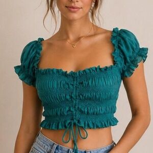 Teal Smocked Crop Top‎ – Ruffle Sleeve 🩵